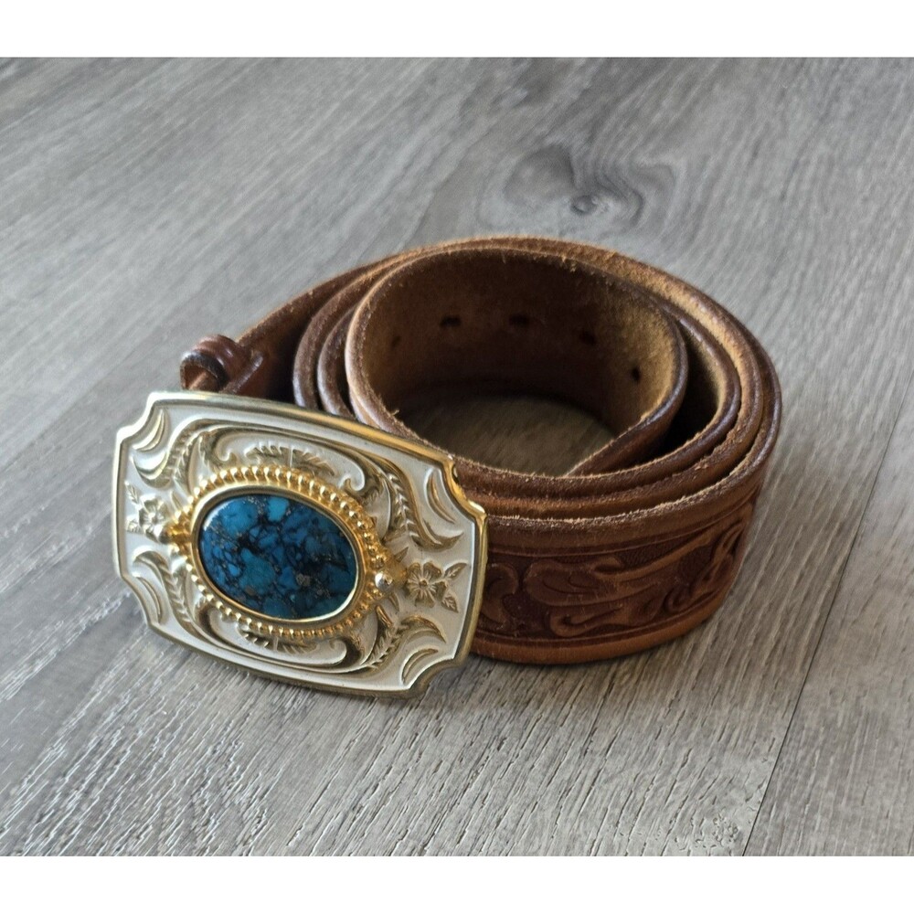 VTG Brass  /White Enamel / Blue Stone / Western USA Belt Buckle & Tooled Belt 46 - Picture 15 of 16